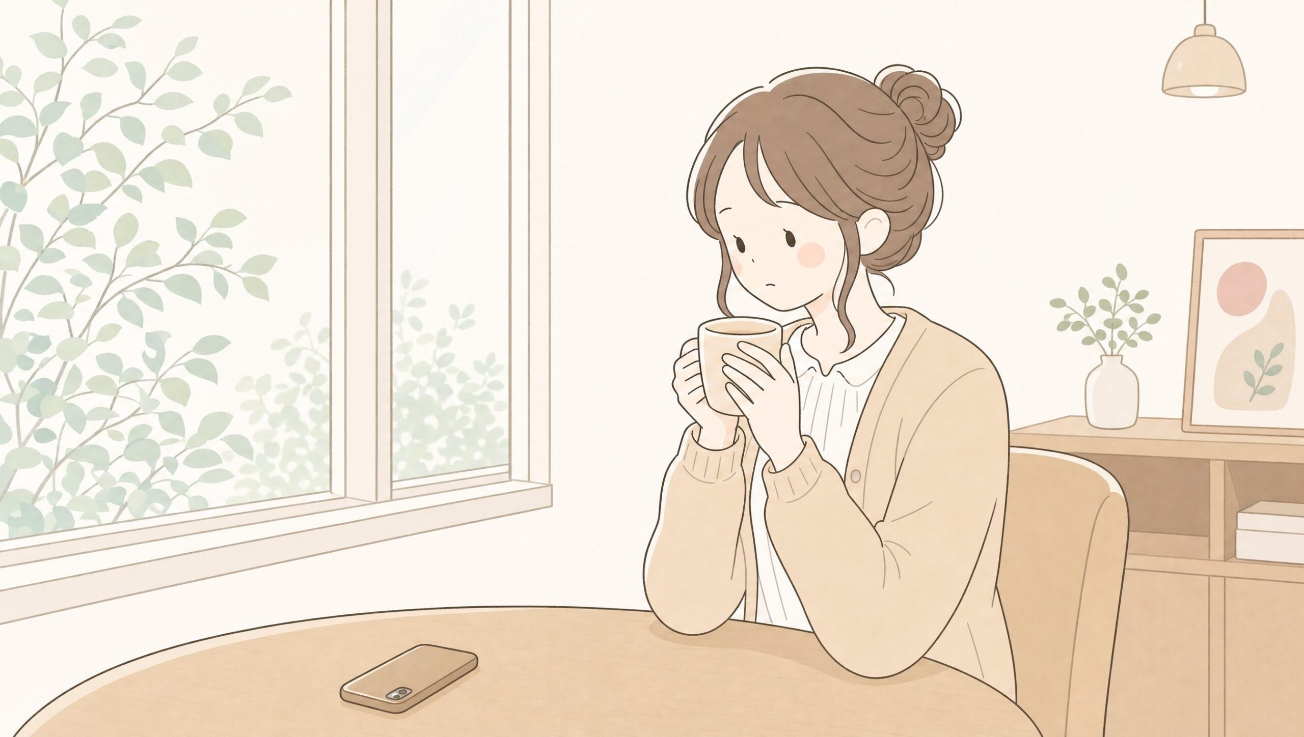 カフェの窓際で考え込む女性