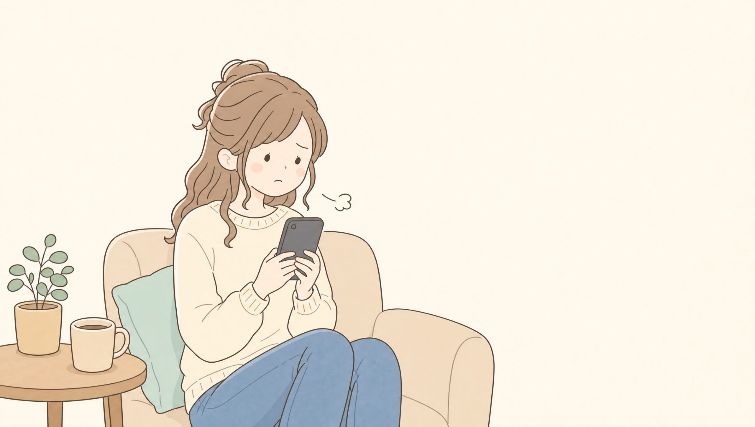 スマホを見つめて疲れた表情の30代看護師女性、ソファに座っている