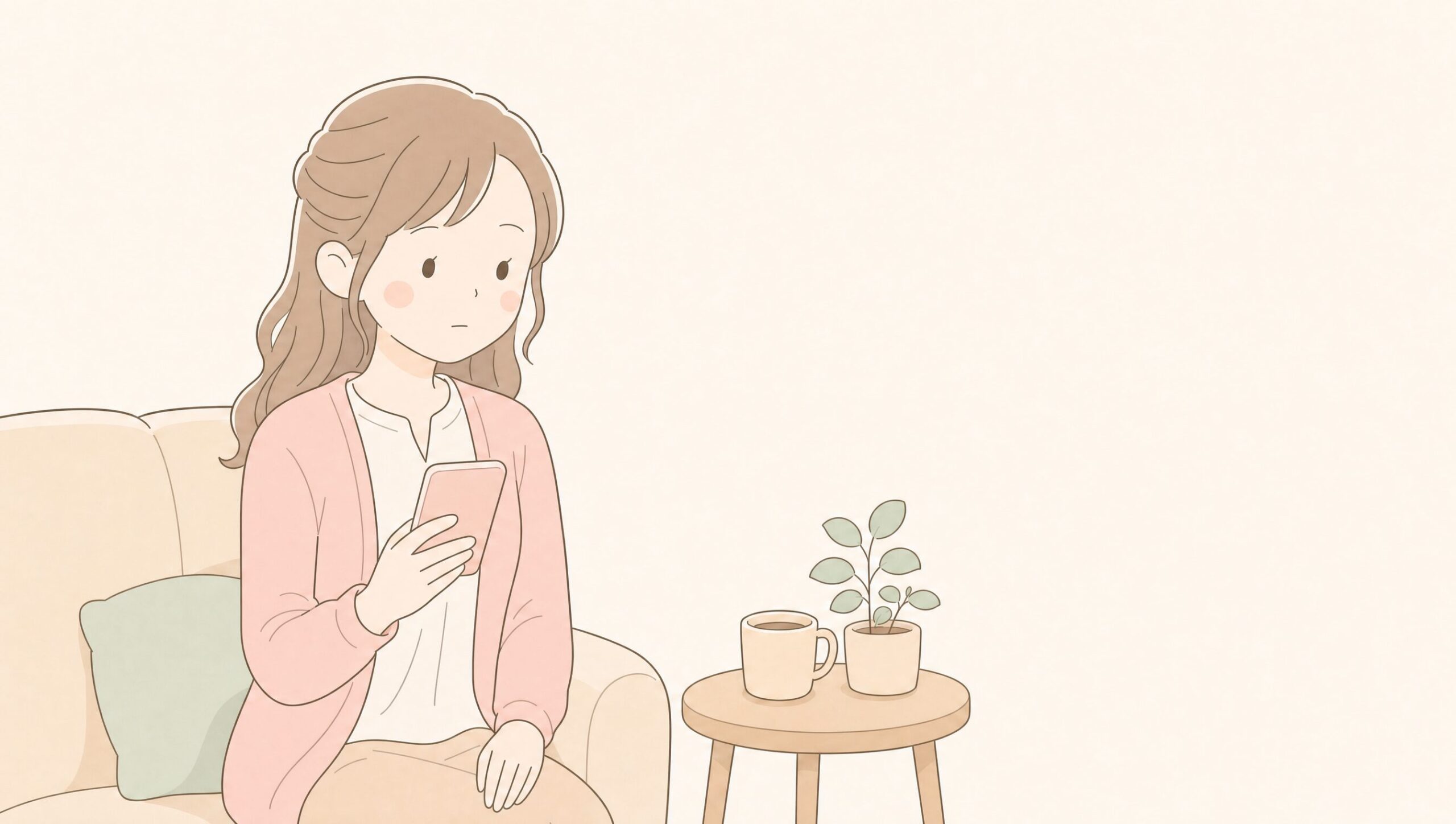 スマホ2台を比べる看護師女性、ソファで