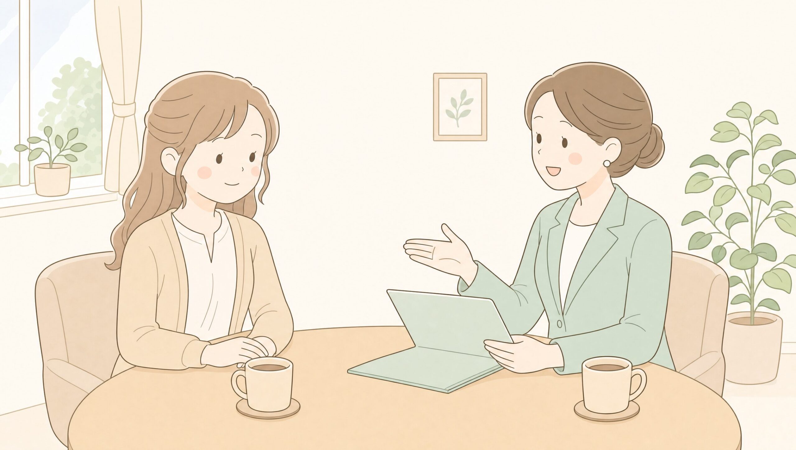 結婚相談所でカウンセラーと相談する30代看護師女性