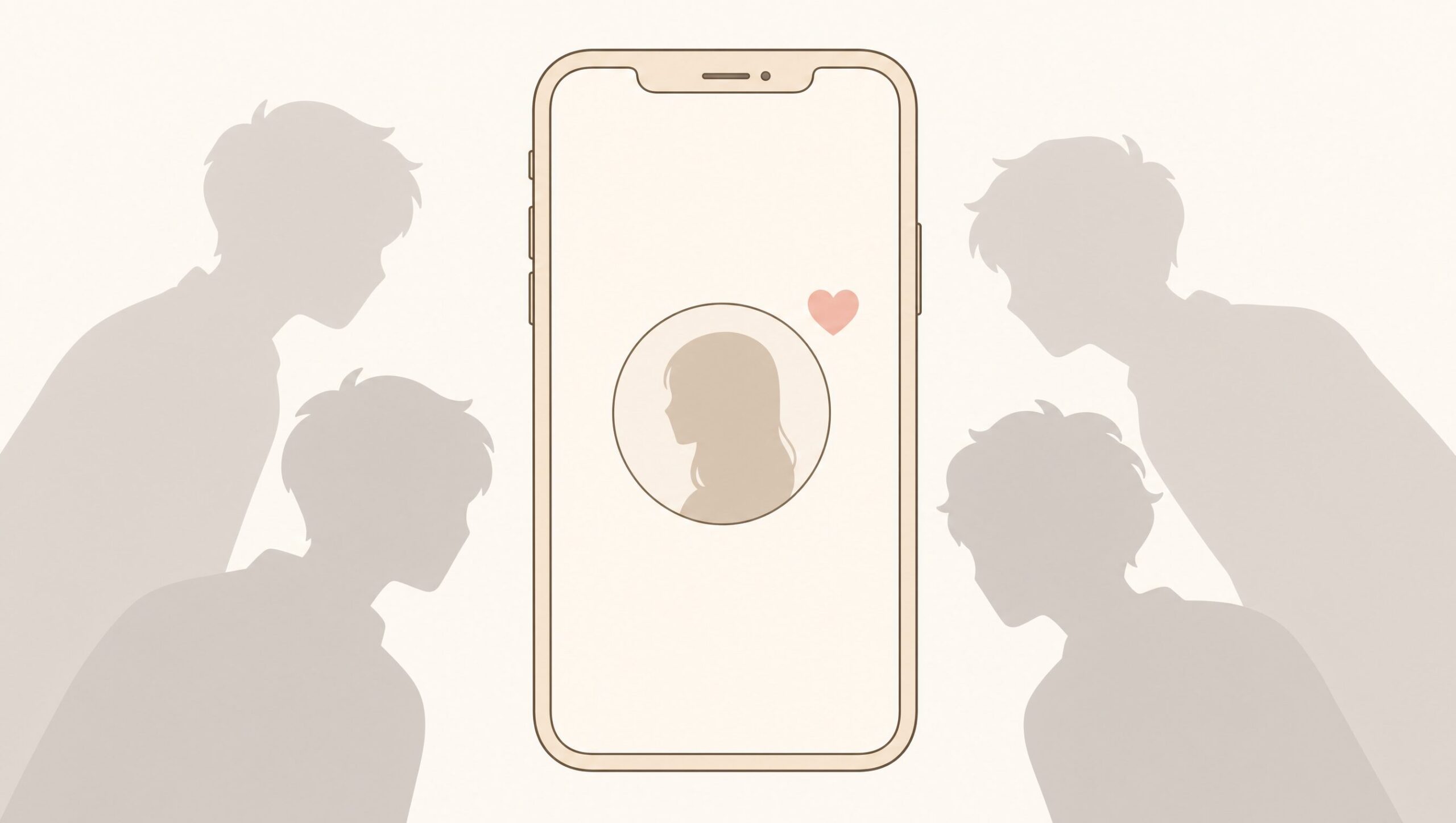 スマホ画面の看護師プロフィールを見る男性たちのシルエット