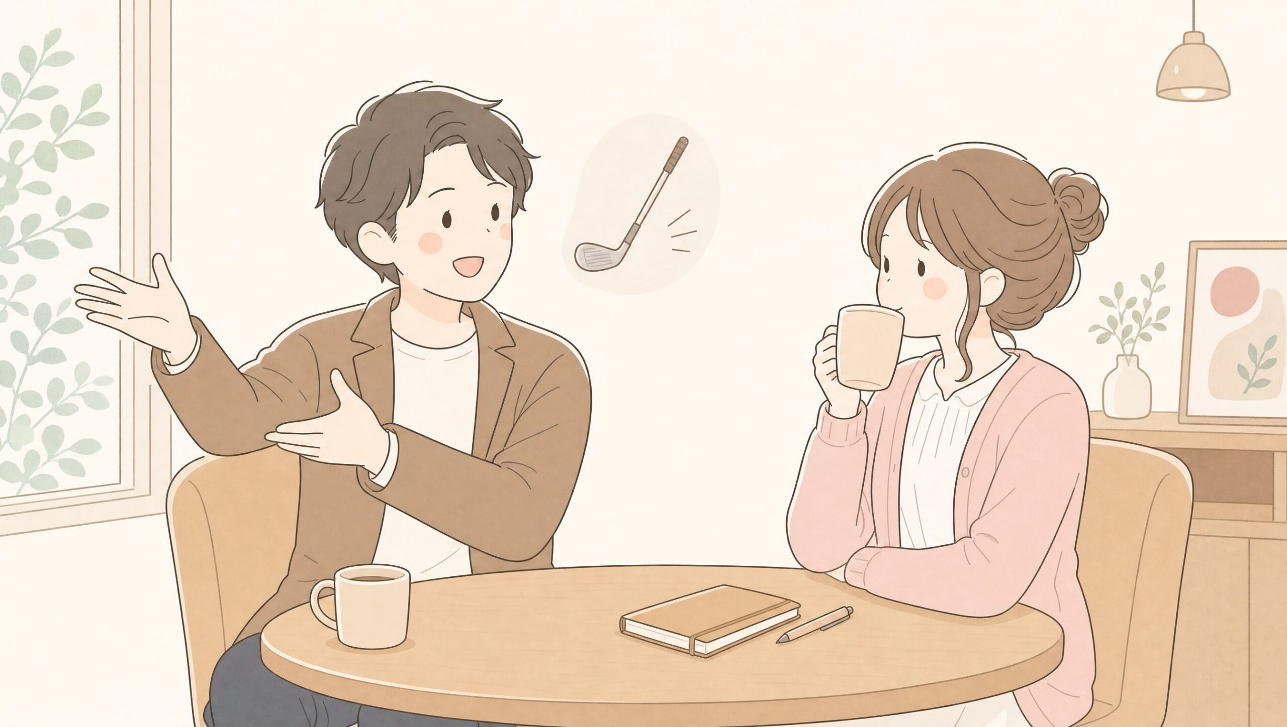 ゴルフ話に夢中な男性と少し引く女性
