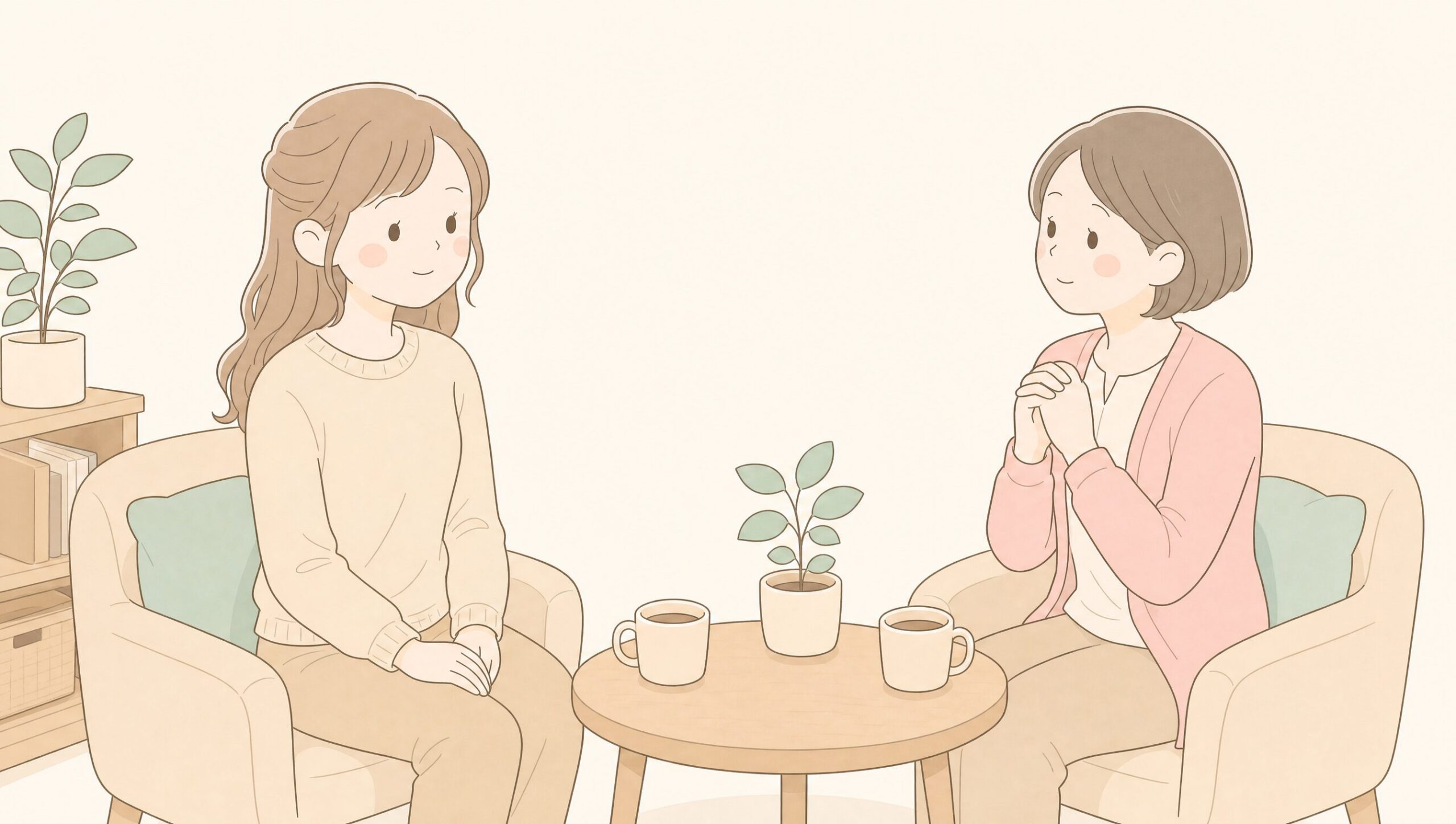 白衣コンで看護師経験者カウンセラーと相談する女性
