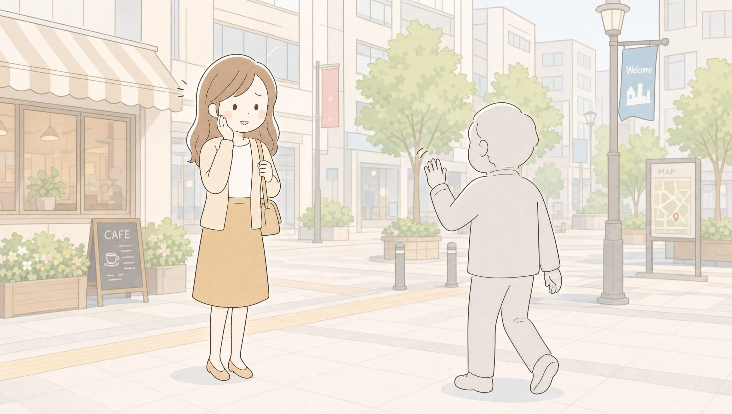 駅前で写真詐欺の相手と対面して困惑する看護師女性