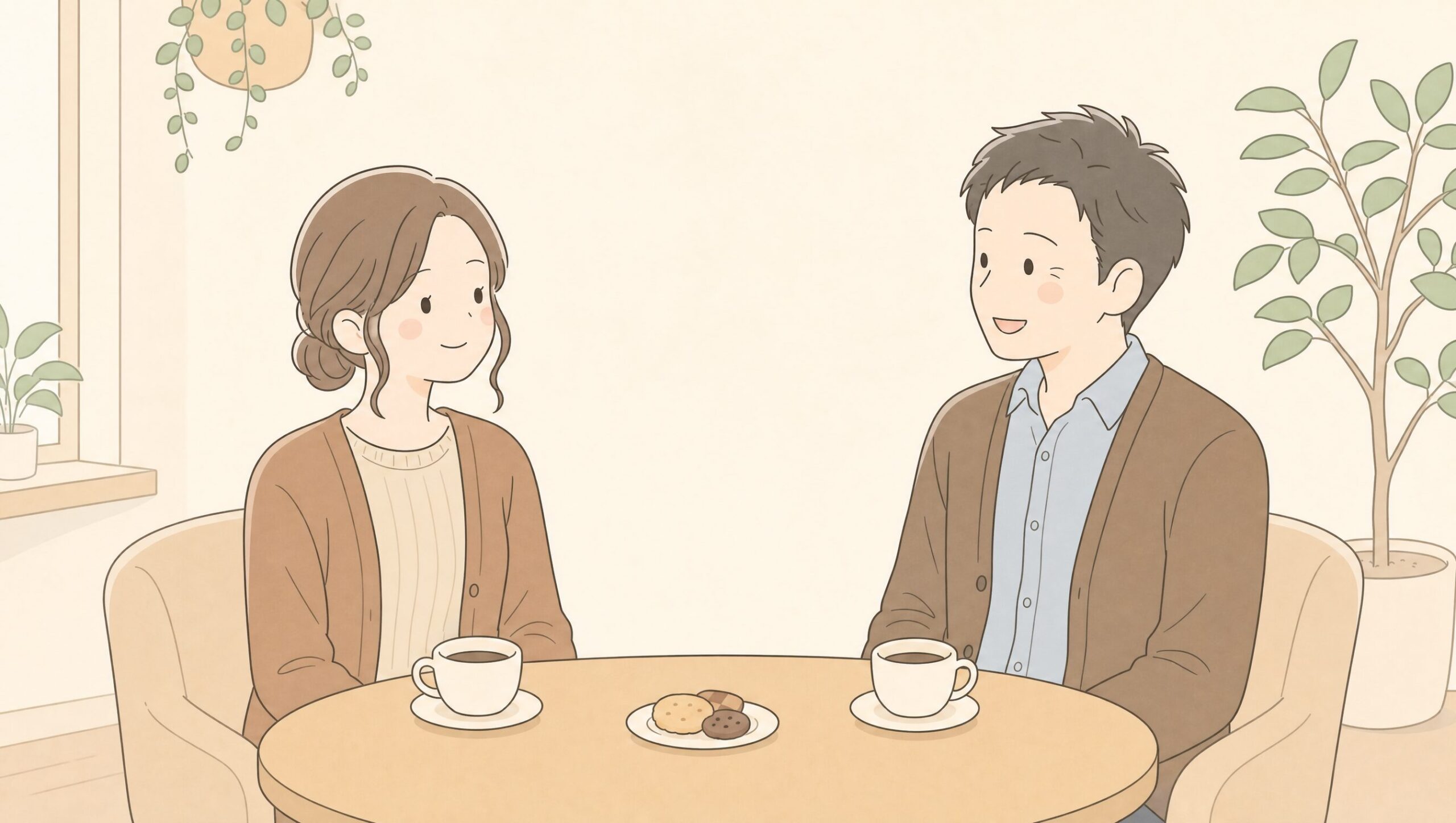 マリッシュで出会った30代後半の落ち着いた男女がカフェで会話するシーン