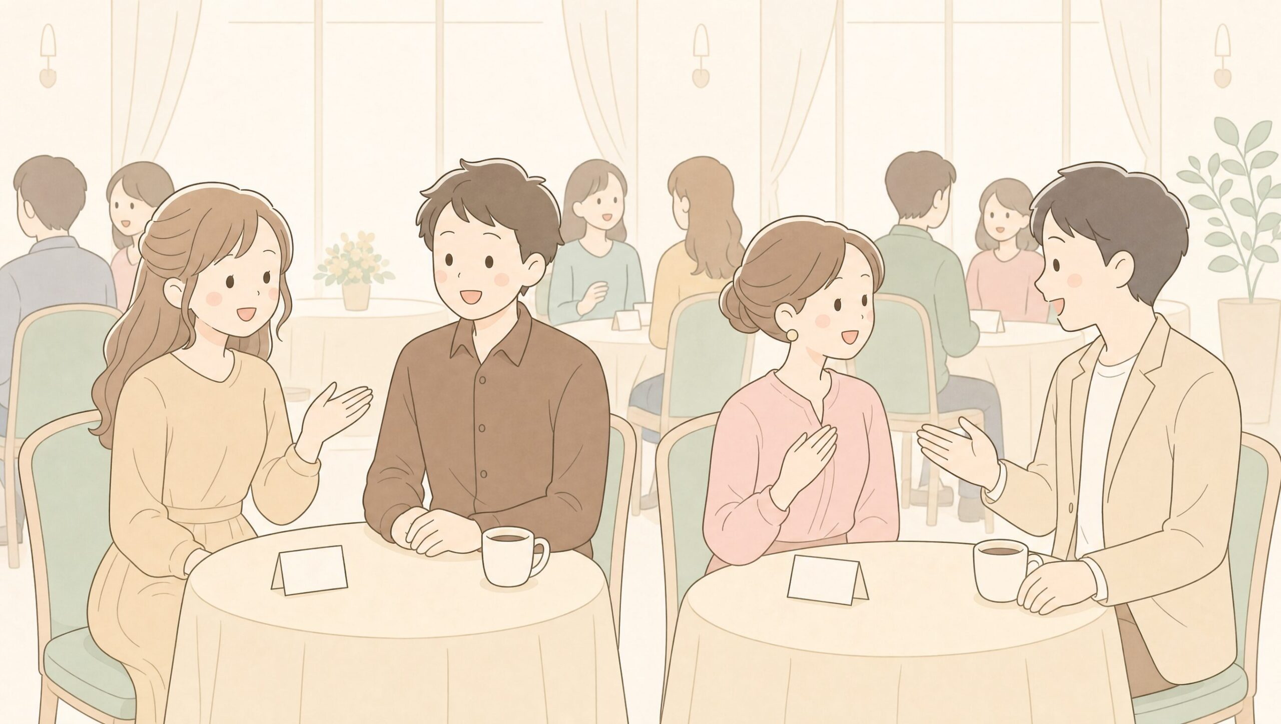 IBJマッチングの婚活パーティー会場で会話する男女