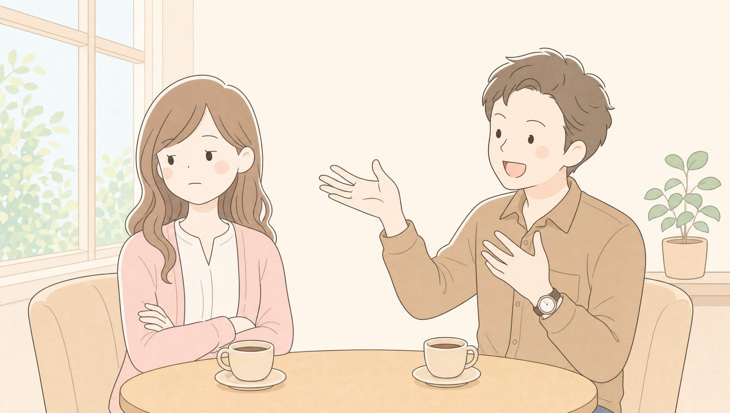 カフェで自慢げに話すマウント男性と冷めた表情の看護師女性