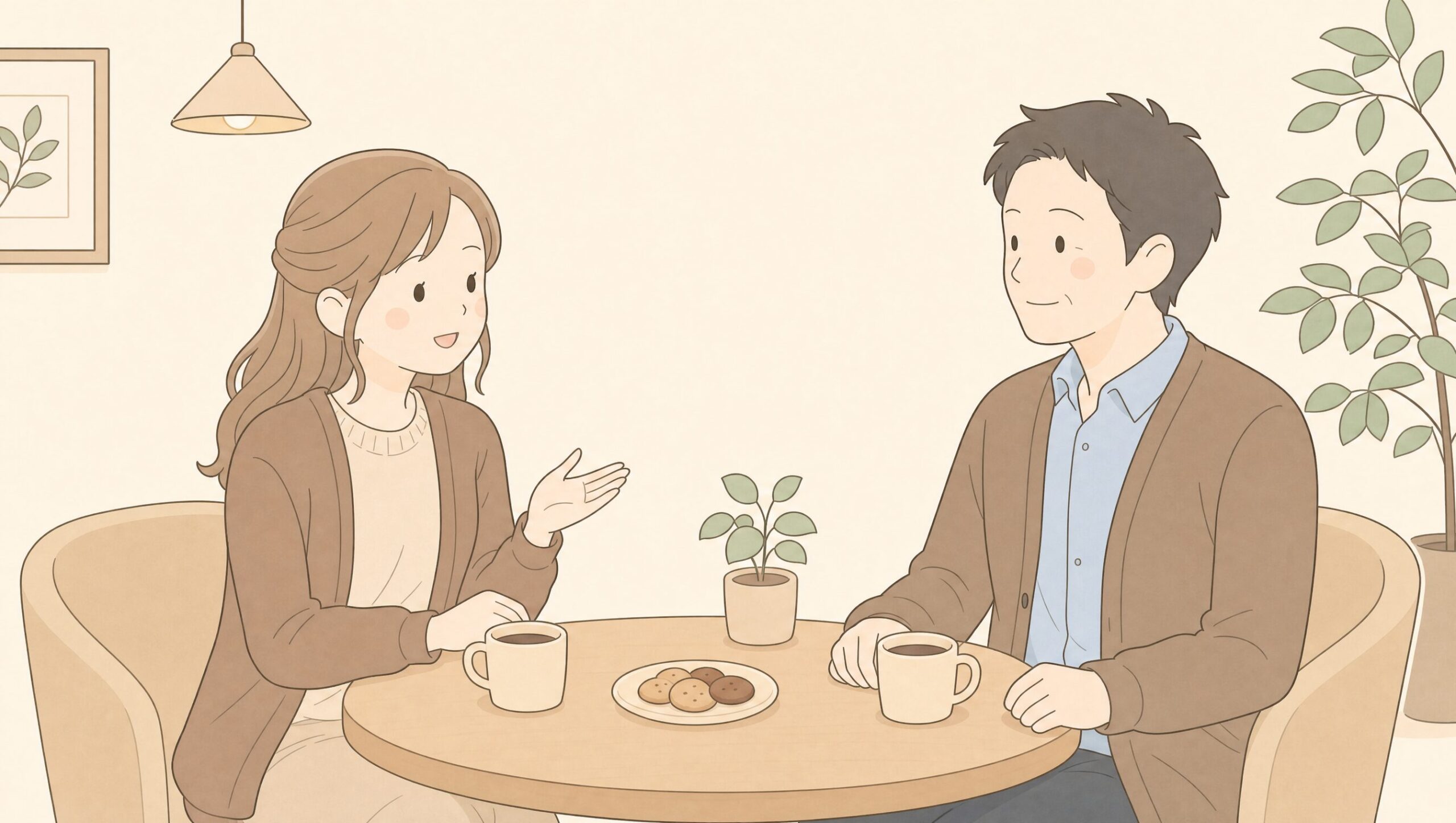 オトコンのカフェで穏やかに会話する30代男女
