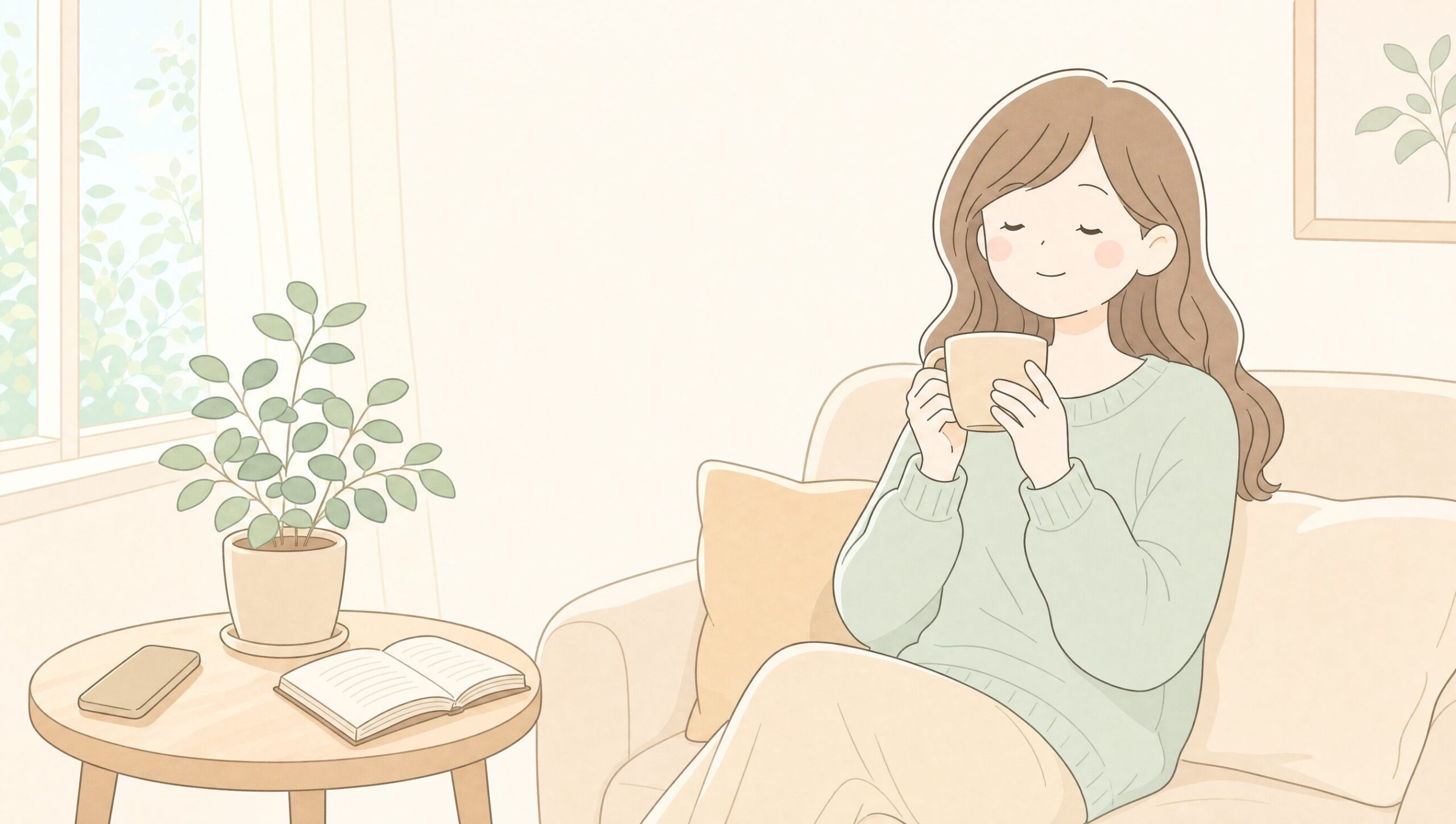 穏やかに微笑んでティータイムを楽しむリビングの看護師
