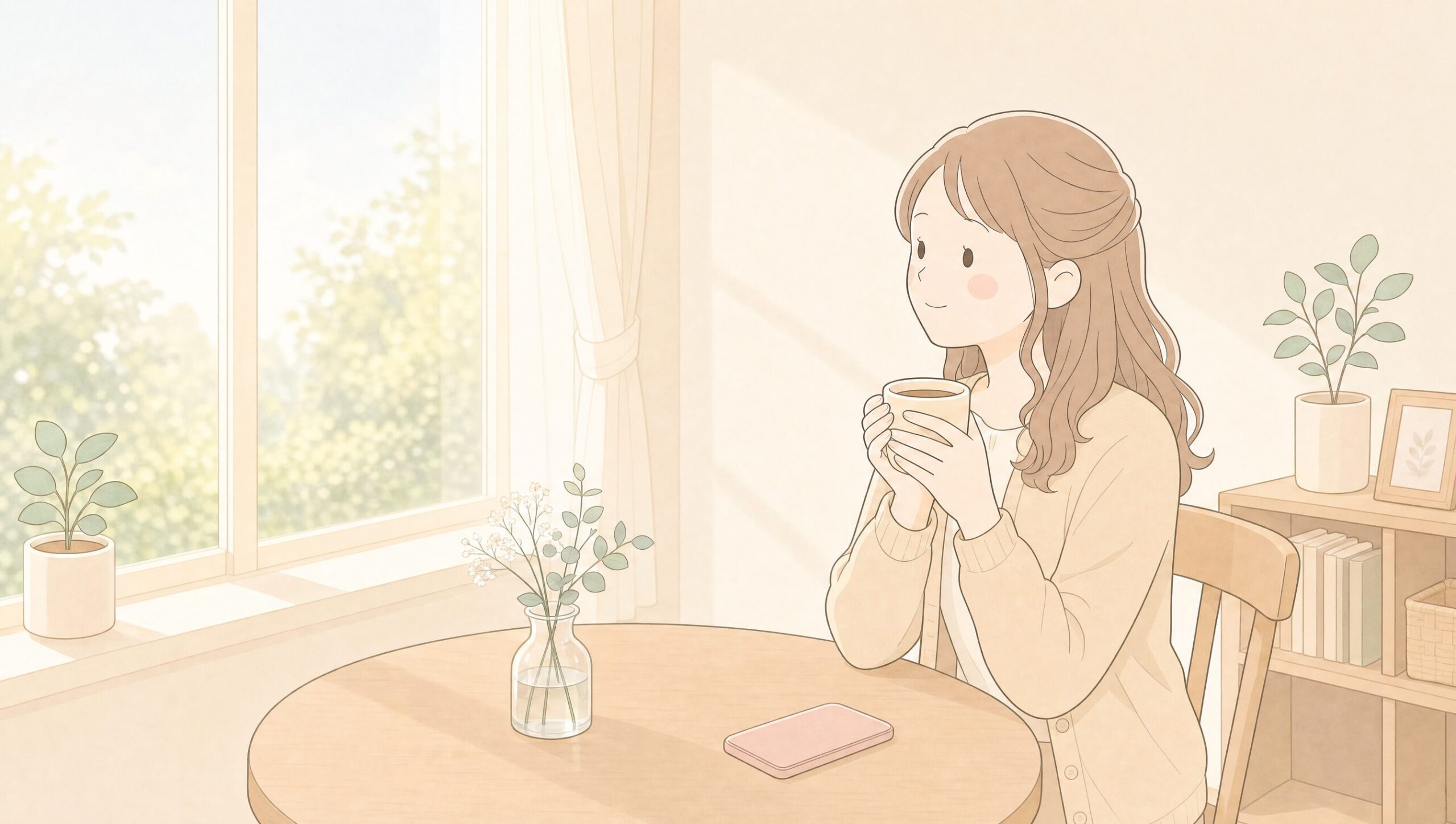 窓辺でコーヒーを持つ前向きな女性