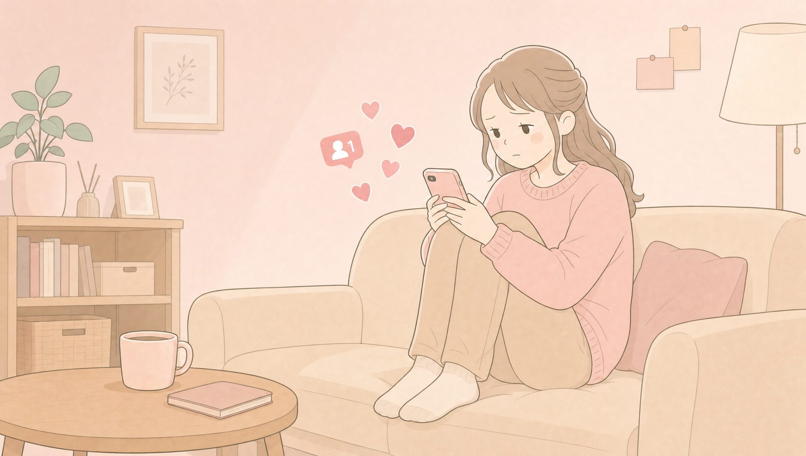 スマホ画面を見つめ疲れた表情の女性