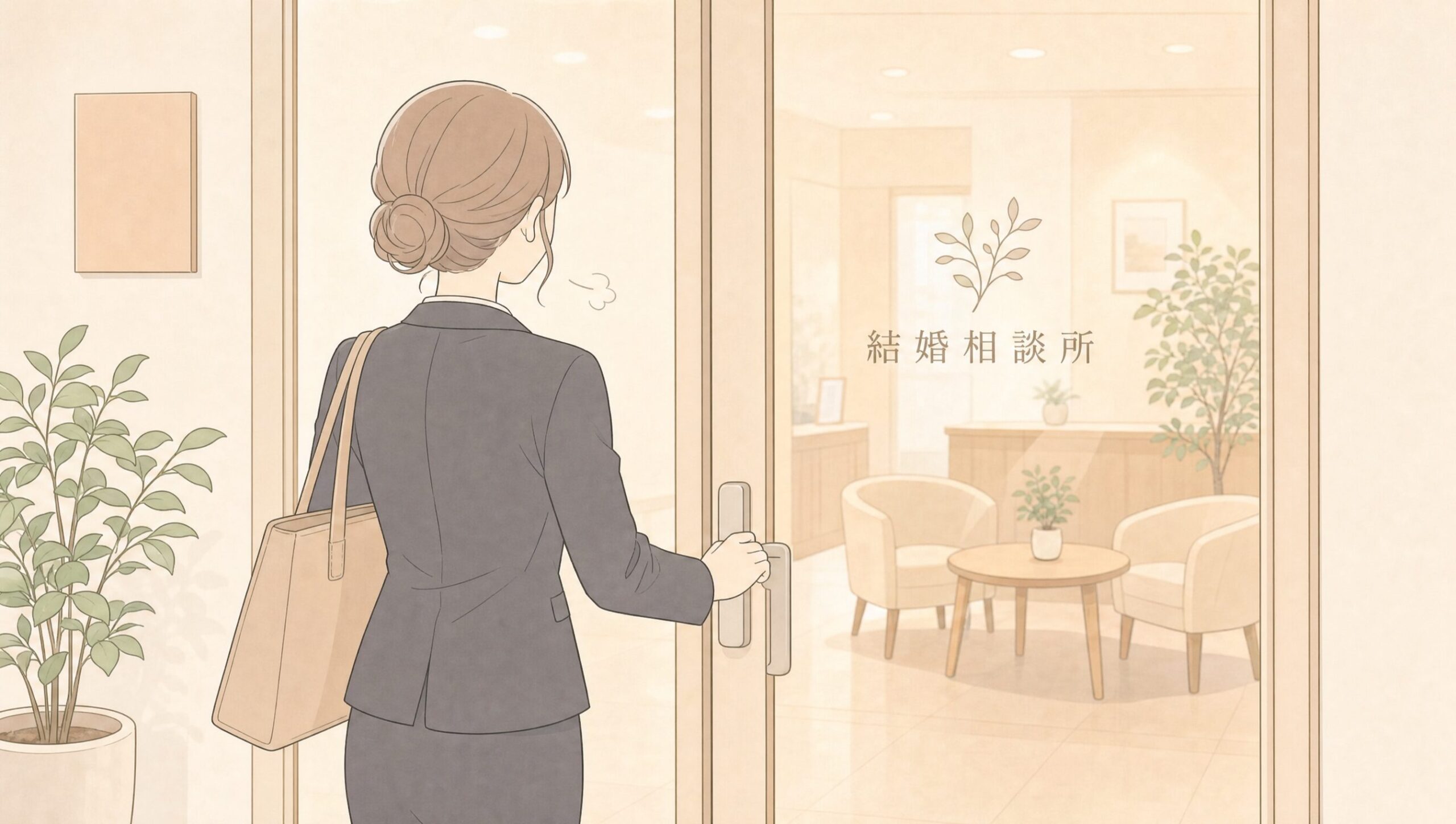 結婚相談所のガラスドアを開ける女性