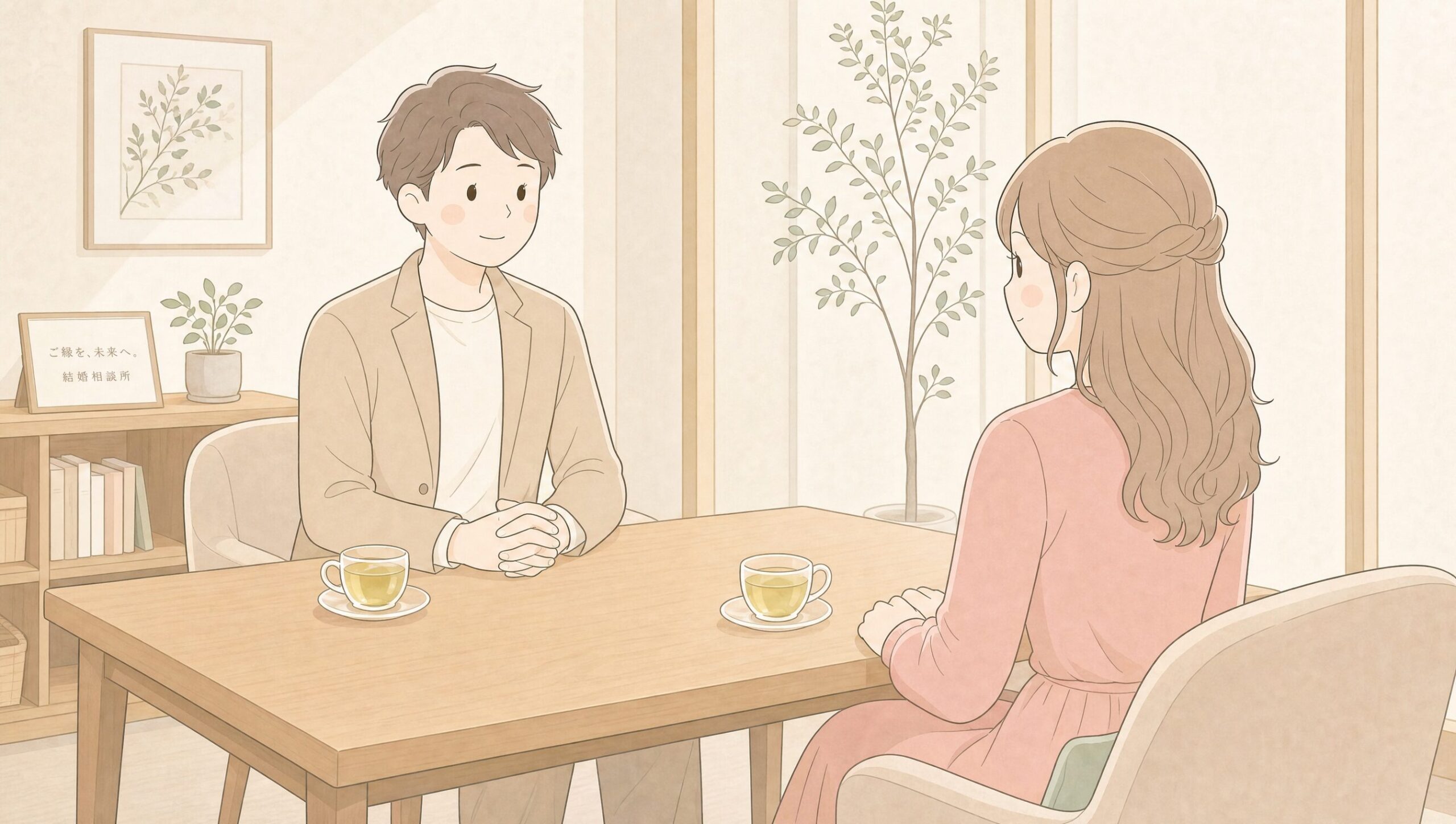 結婚相談所のラウンジで向かい合って会話する男女のイラスト