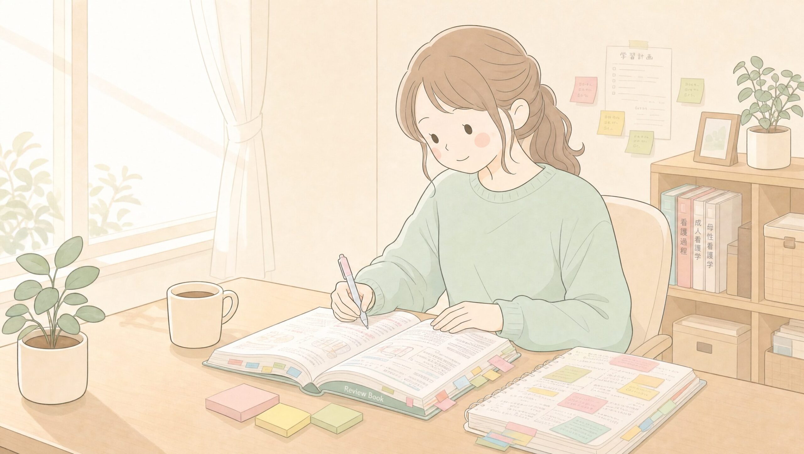 デスクで看護師国家試験の参考書を広げて勉強する女性のイラスト