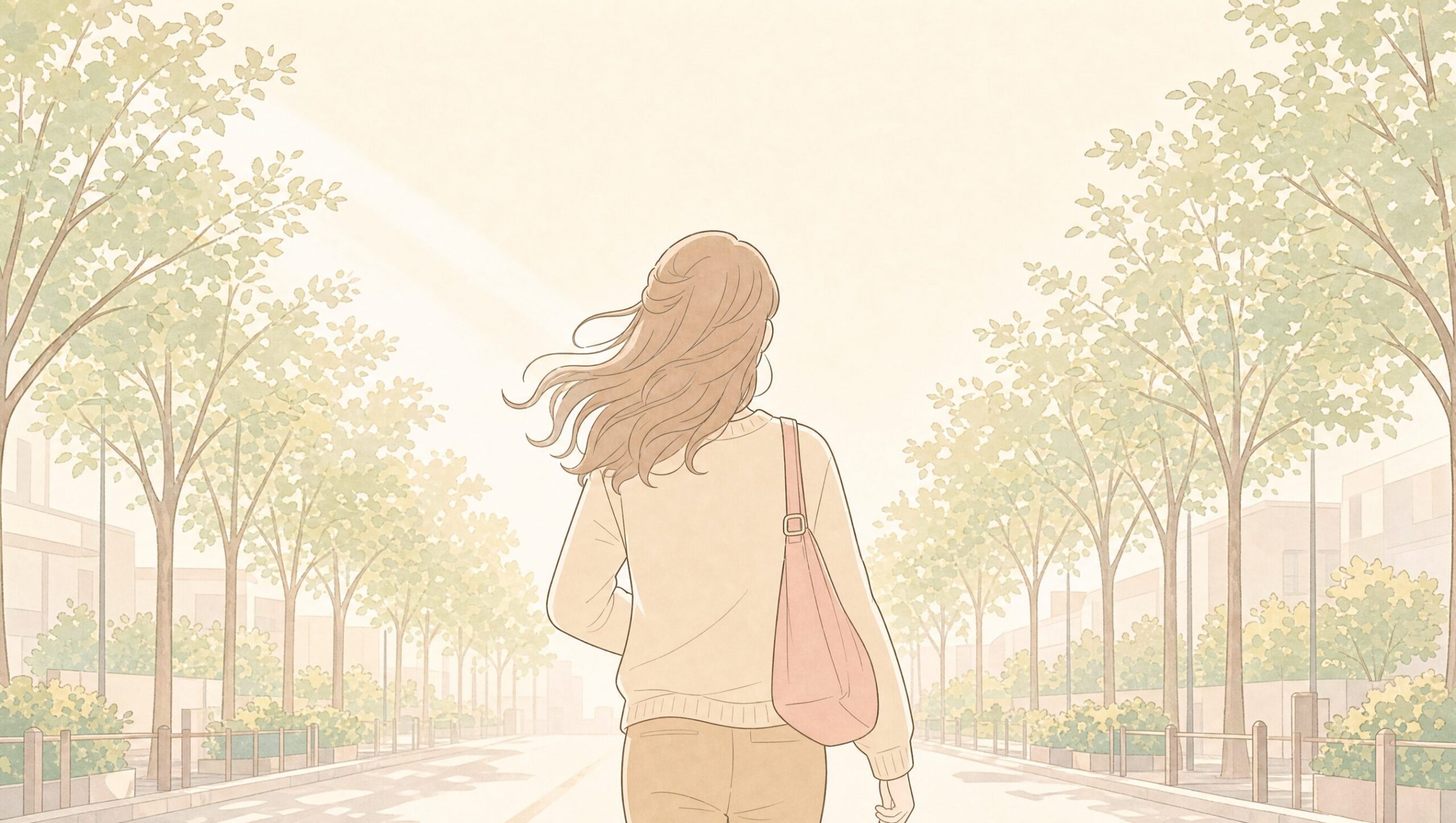 朝の道を歩き始める女性の後ろ姿のイラスト