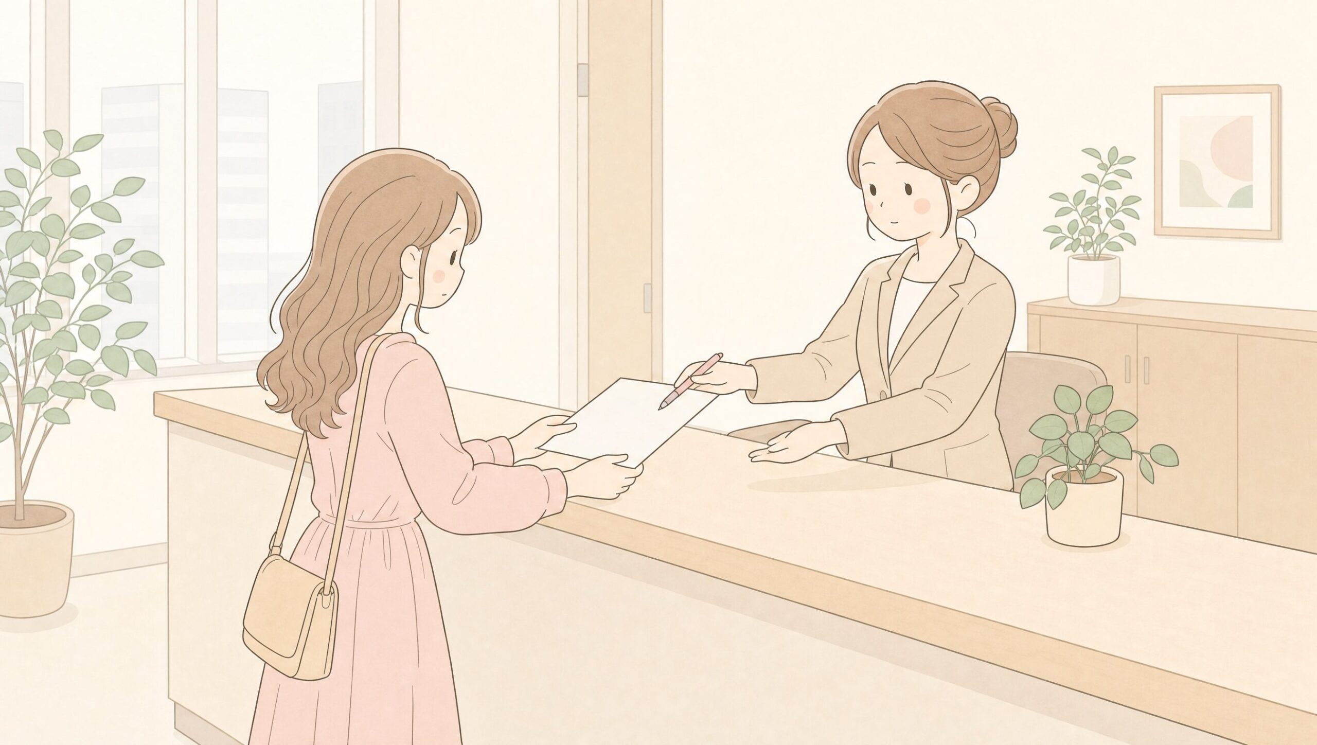 受付でプロフィールシートを受け取る女性