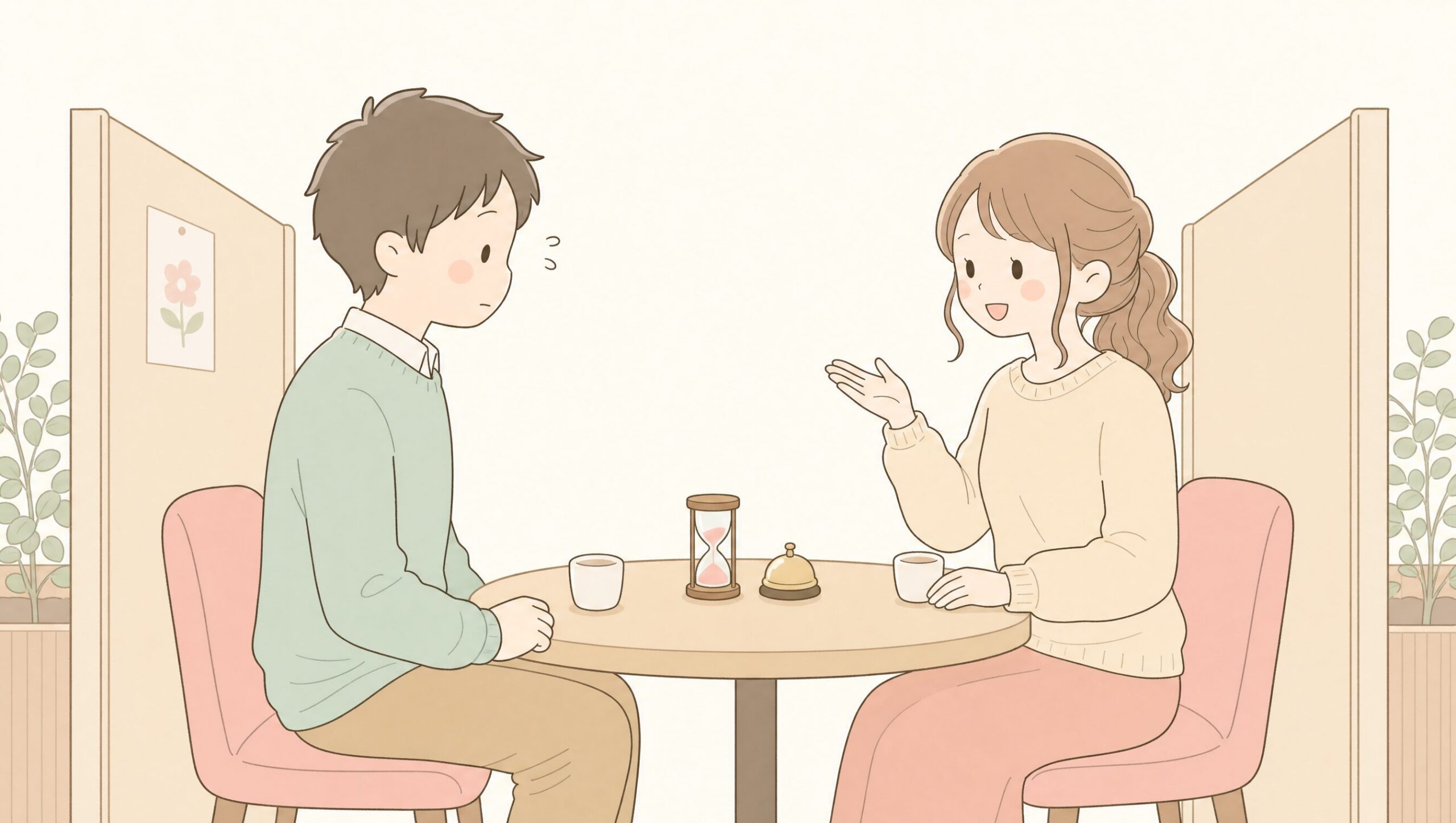テーブルを挟んで会話する男女