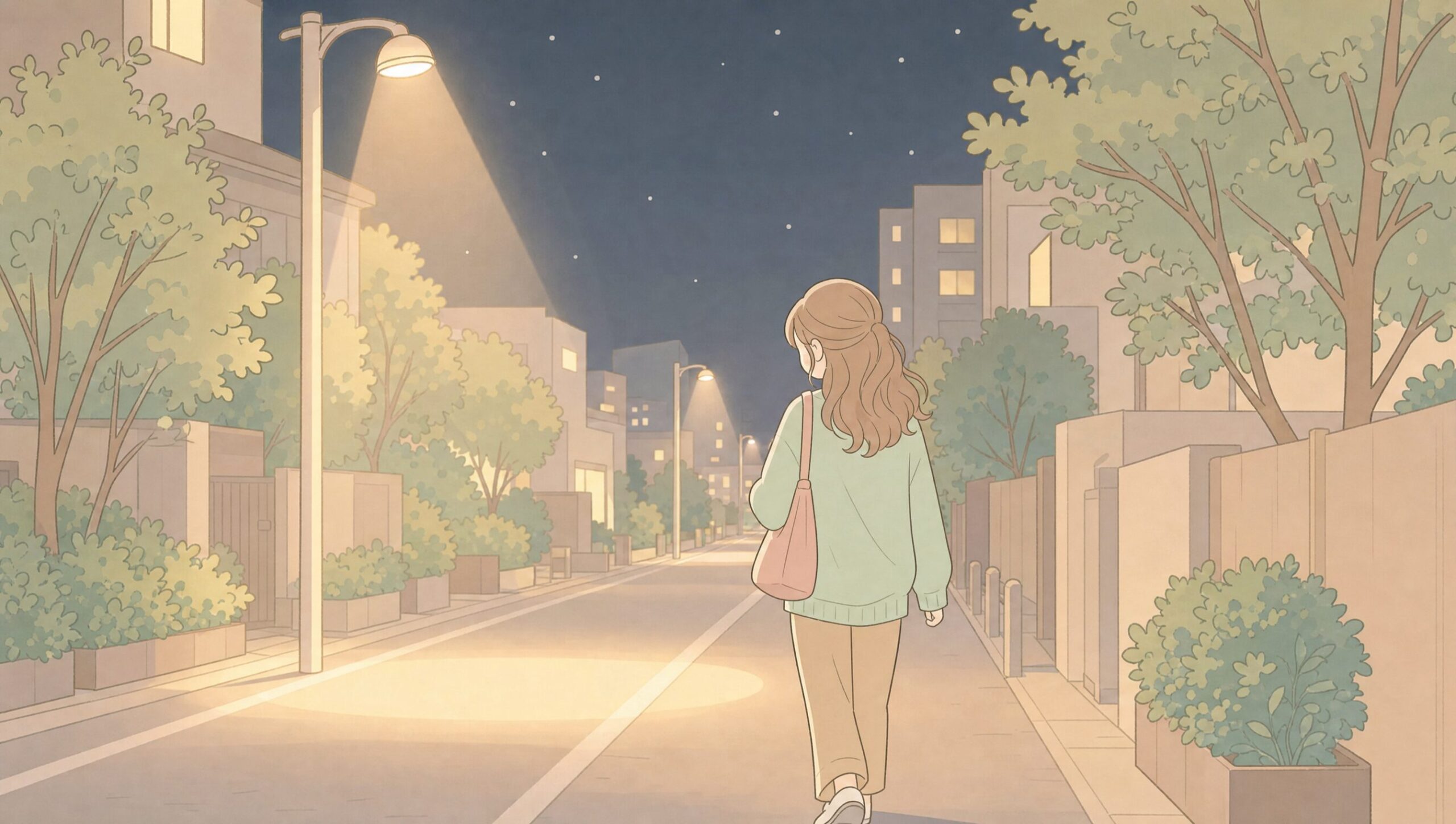 夜道を歩く女性の後ろ姿