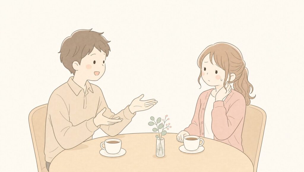 婚活で困り顔の看護師と、無自覚に話し続ける男性